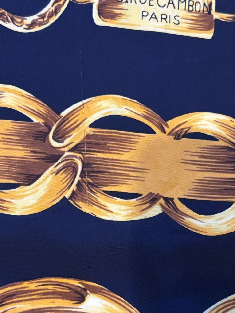 Authentic CHANEL Chain Print Silk Scarf Navy Blue Gold CC Logo Rue Cambon Paris - Picture 4 of 8
